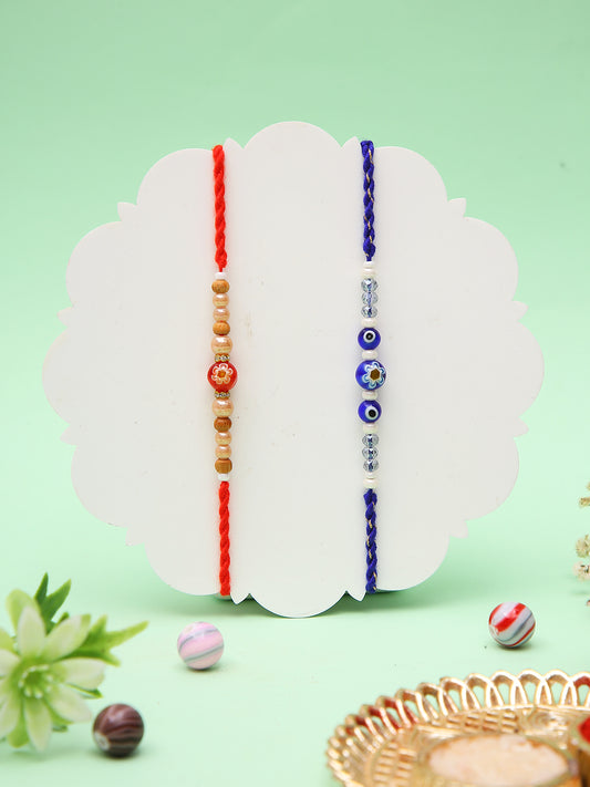 Tribal Inspired Rakhi Set With Evil Eye And Ethnik Red Beaded Charm