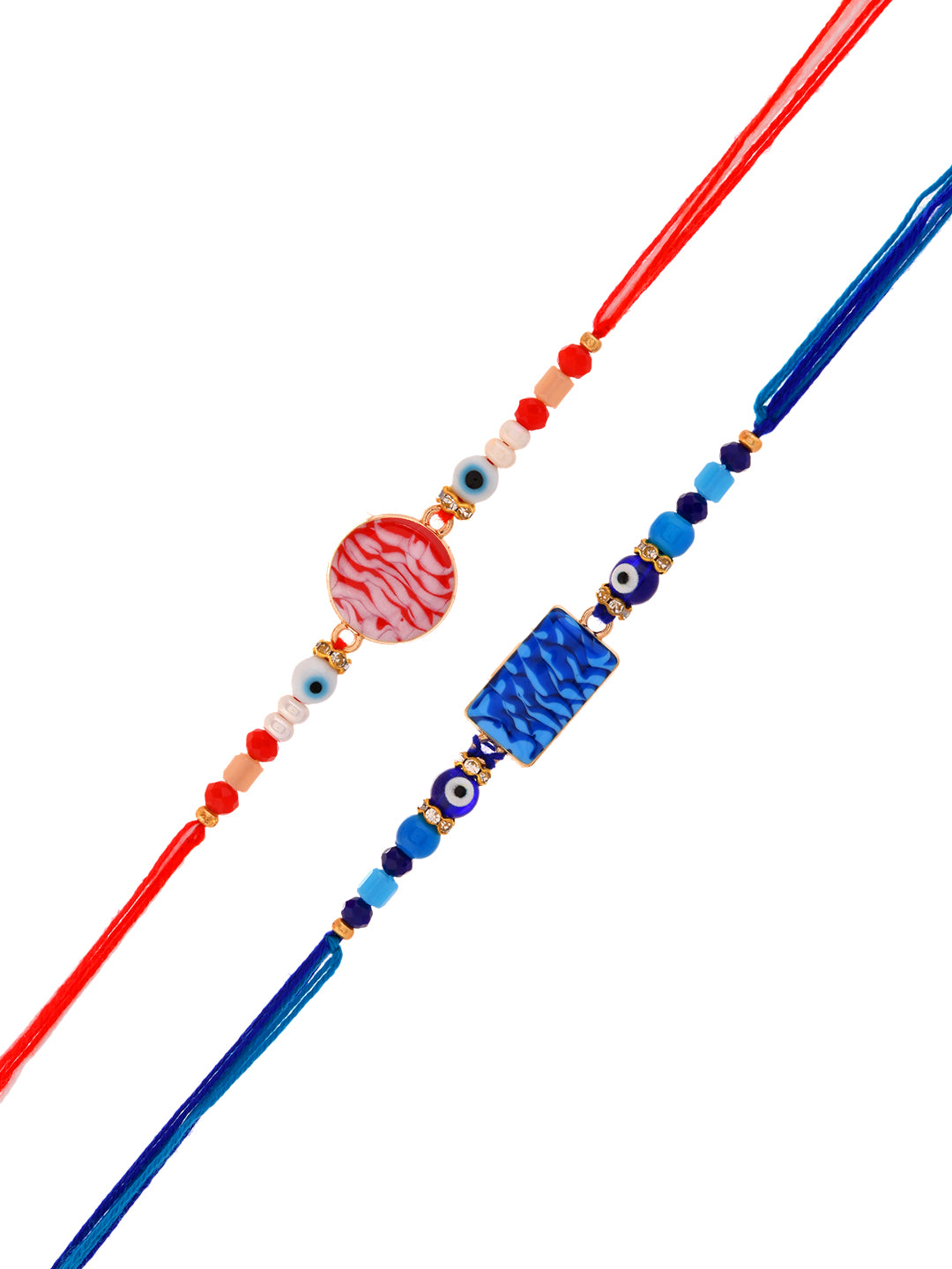 Modern Rakhi Combo With Red And Blue Evil Eye Ceramic Motifs
