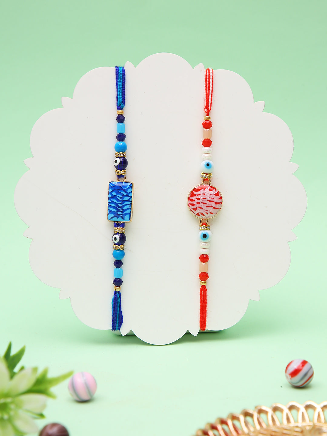 Modern Rakhi Combo With Red And Blue Evil Eye Ceramic Motifs