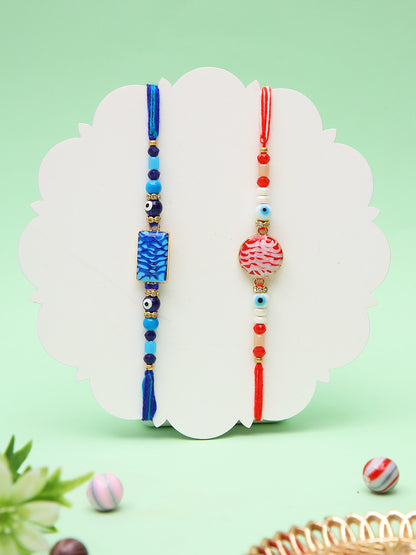 Modern Rakhi Combo With Red And Blue Evil Eye Ceramic Motifs