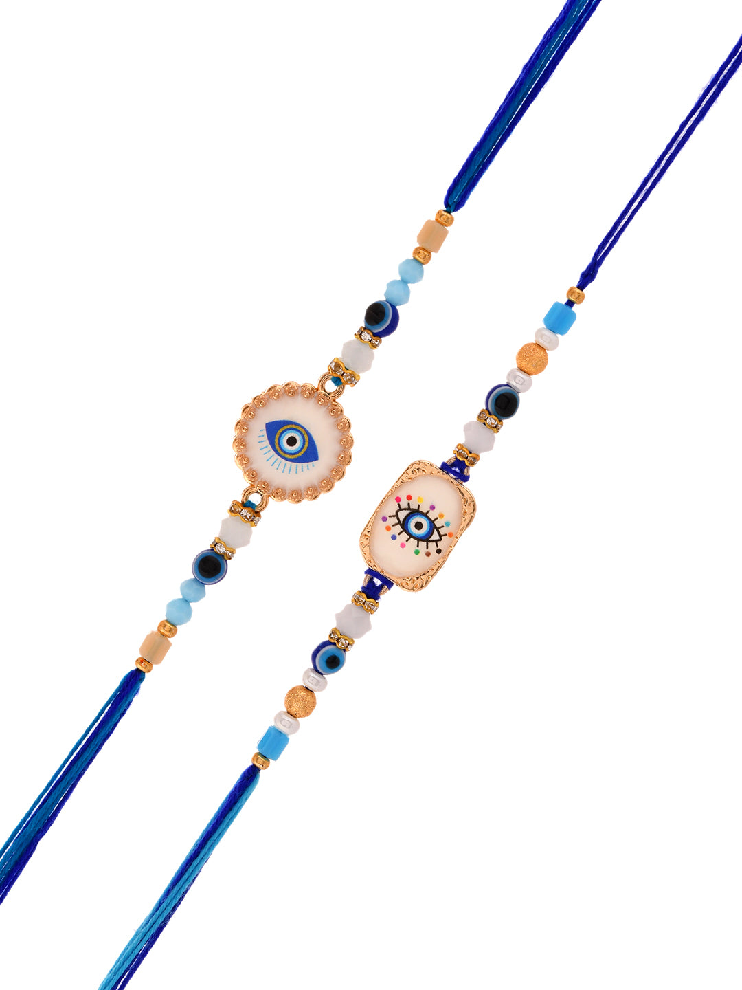 Elegant Evil Eye Rakhi Set With Designer Blue Thread And Tassel Finish