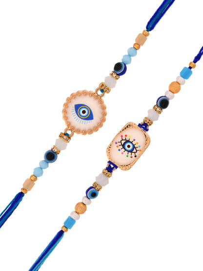Elegant Evil Eye Rakhi Set With Designer Blue Thread And Tassel Finish