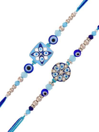 Handcrafted Evil Eye Rakhi Combo With Blue Floral And Mosaic Centerpieces