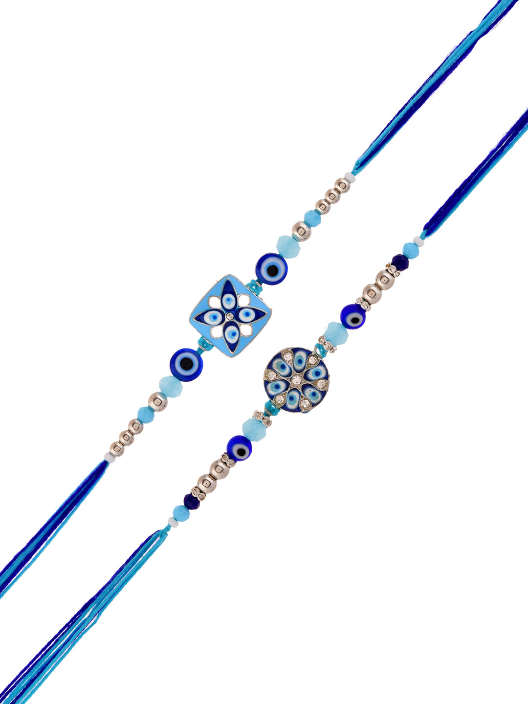 Handcrafted Evil Eye Rakhi Combo With Blue Floral And Mosaic Centerpieces
