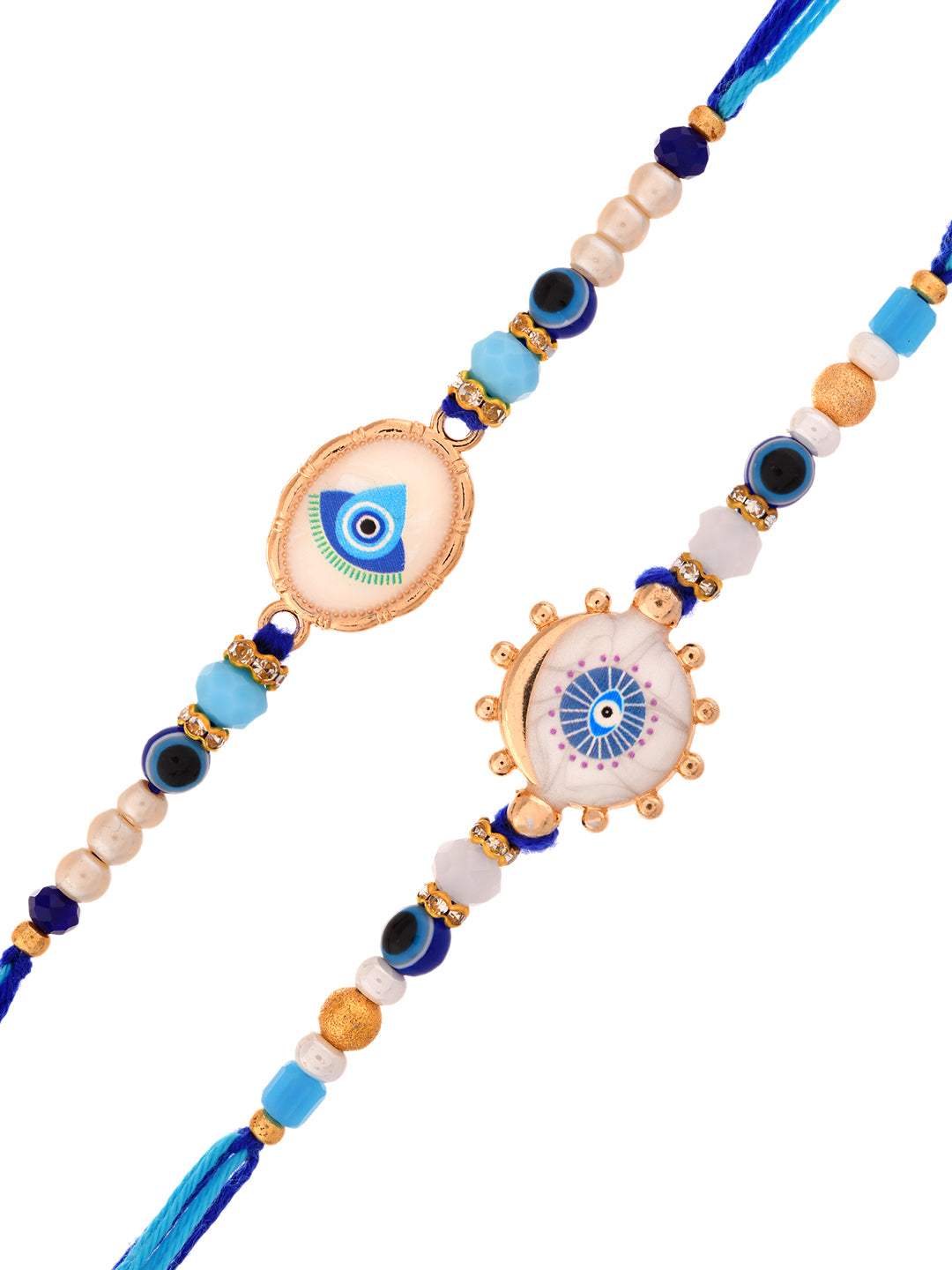 Set Of 2 Elegant Evil Eye Rakhis With Gold Outlined Motifs And Blue Beads