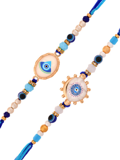 Set Of 2 Elegant Evil Eye Rakhis With Gold Outlined Motifs And Blue Beads