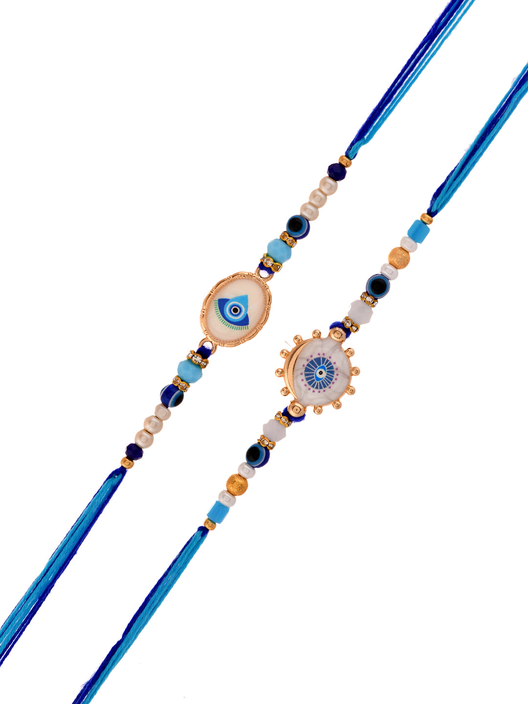 Set Of 2 Elegant Evil Eye Rakhis With Gold Outlined Motifs And Blue Beads