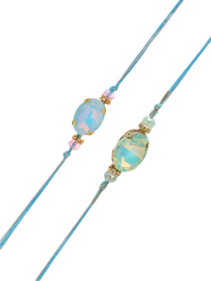 Set of  2 Crystals Studded Thread Rakhi With Roli chawal & Greeting Card