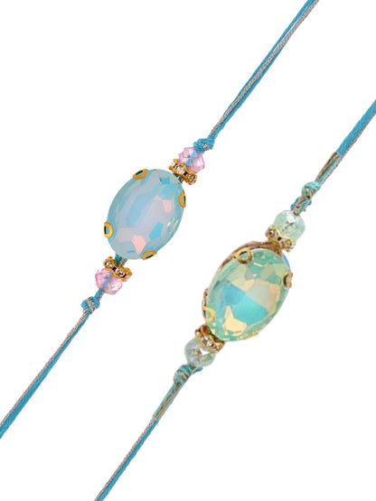 Set of  2 Crystals Studded Thread Rakhi With Roli chawal & Greeting Card