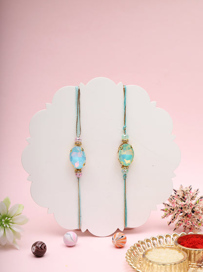 Set of  2 Crystals Studded Thread Rakhi With Roli chawal & Greeting Card
