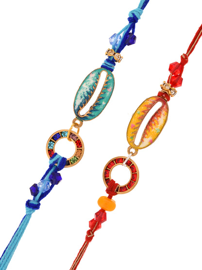 Handcrafted Rakhi Set with Ethnic Cowrie Shell Design and Vibrant Colours