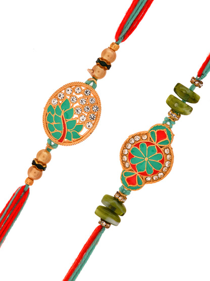 Traditional Green Mandala Rakhi Set with Pearl and Bead Accents