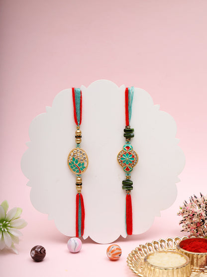Traditional Green Mandala Rakhi Set with Pearl and Bead Accents
