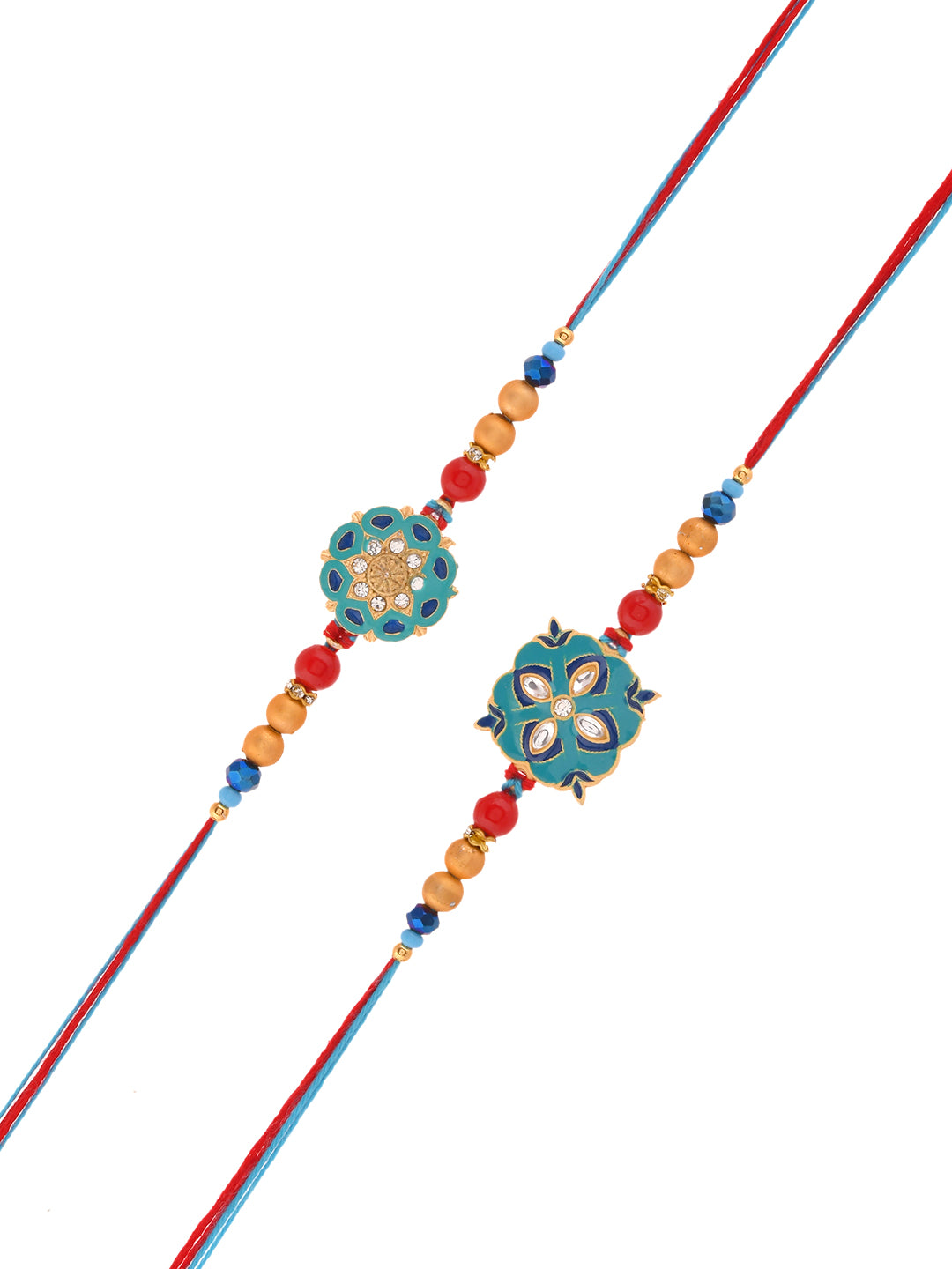 Elegant Designer Rakhi Set with Enamel Floral Motif and Blue Thread Accents