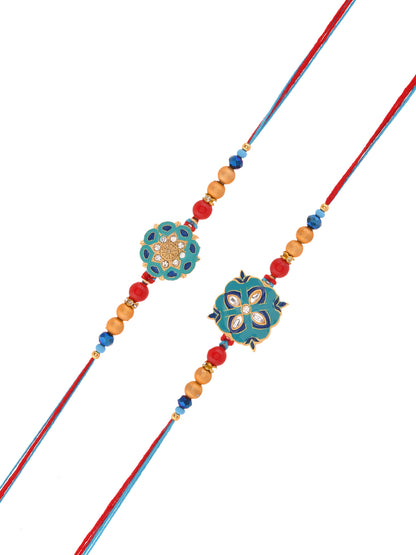 Elegant Designer Rakhi Set with Enamel Floral Motif and Blue Thread Accents