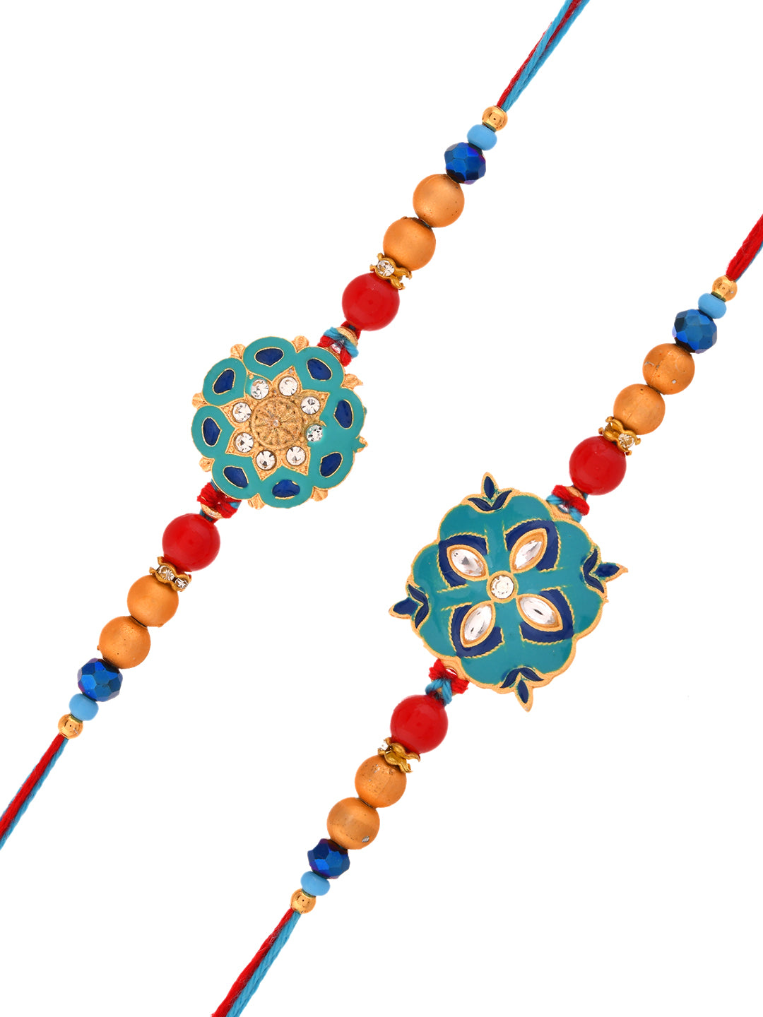 Elegant Designer Rakhi Set with Enamel Floral Motif and Blue Thread Accents