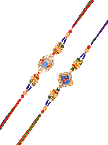 Royal Rakhi Set with Metal Geometric Motifs and Rich Multicolour Beads