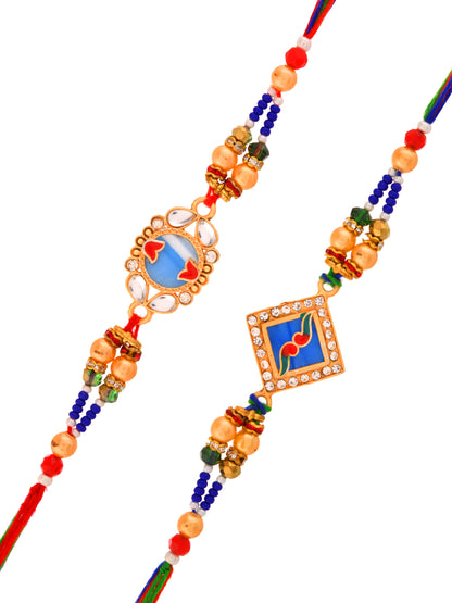 Royal Rakhi Set with Metal Geometric Motifs and Rich Multicolour Beads