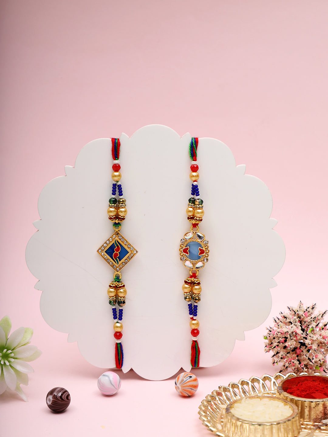 Royal Rakhi Set with Metal Geometric Motifs and Rich Multicolour Beads
