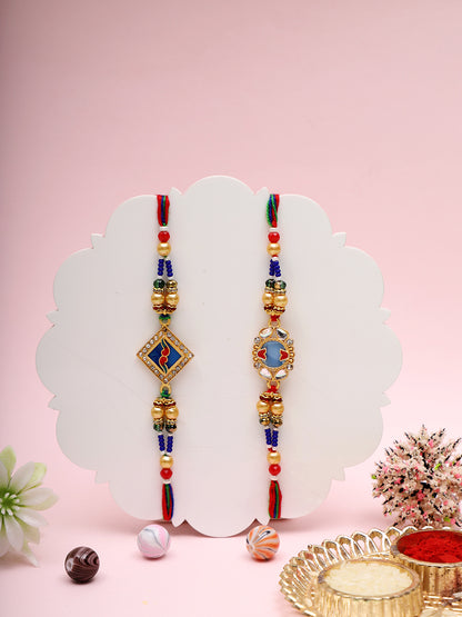 Royal Rakhi Set with Metal Geometric Motifs and Rich Multicolour Beads