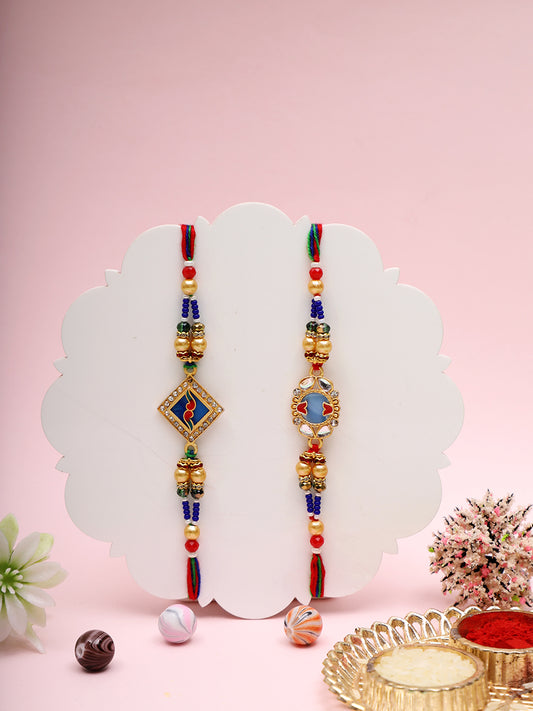 Royal Rakhi Set with Metal Geometric Motifs and Rich Multicolour Beads