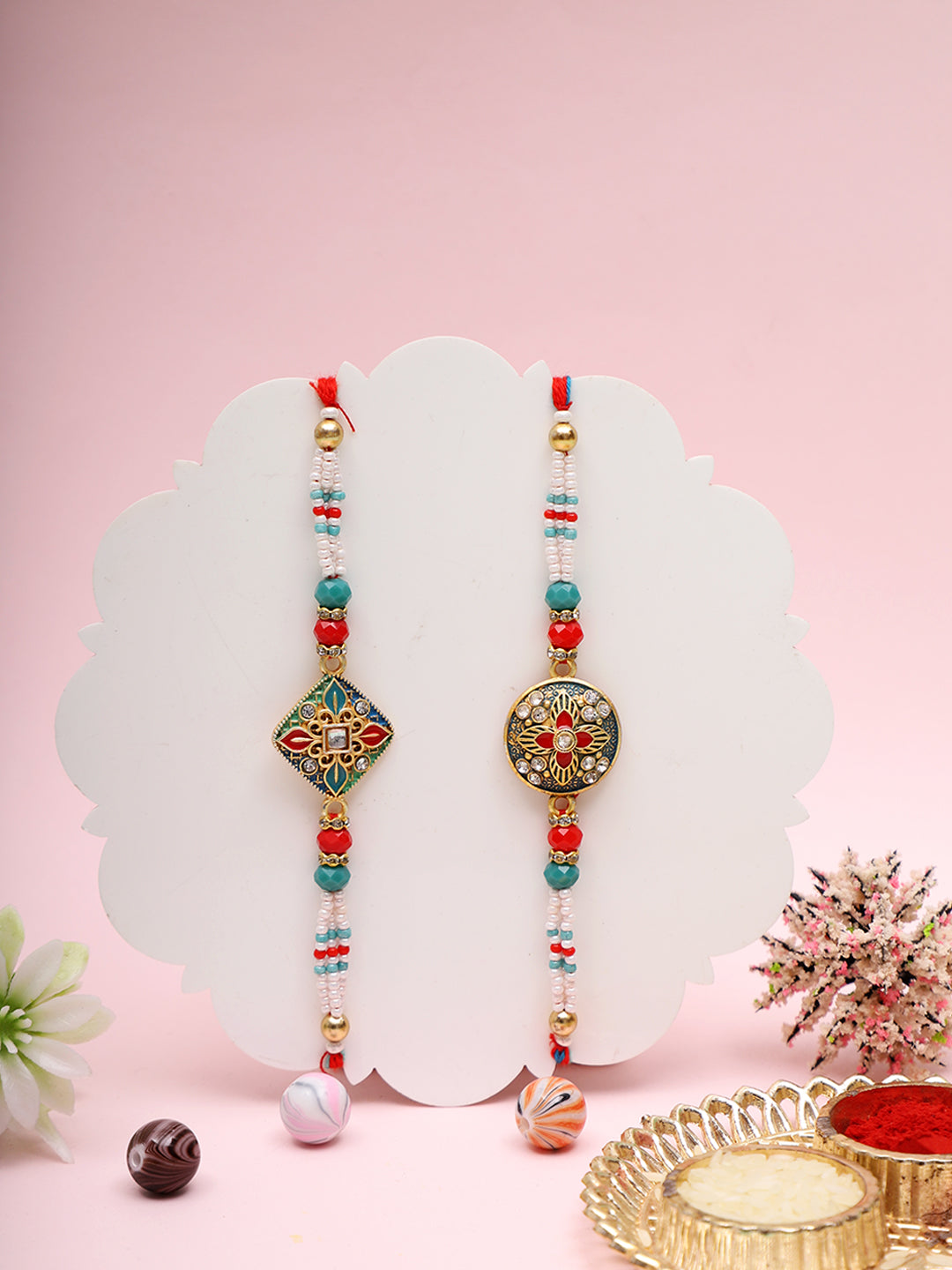 Handpainted Ethnic Rakhi Combo with Meenakari and Pearl Detailing