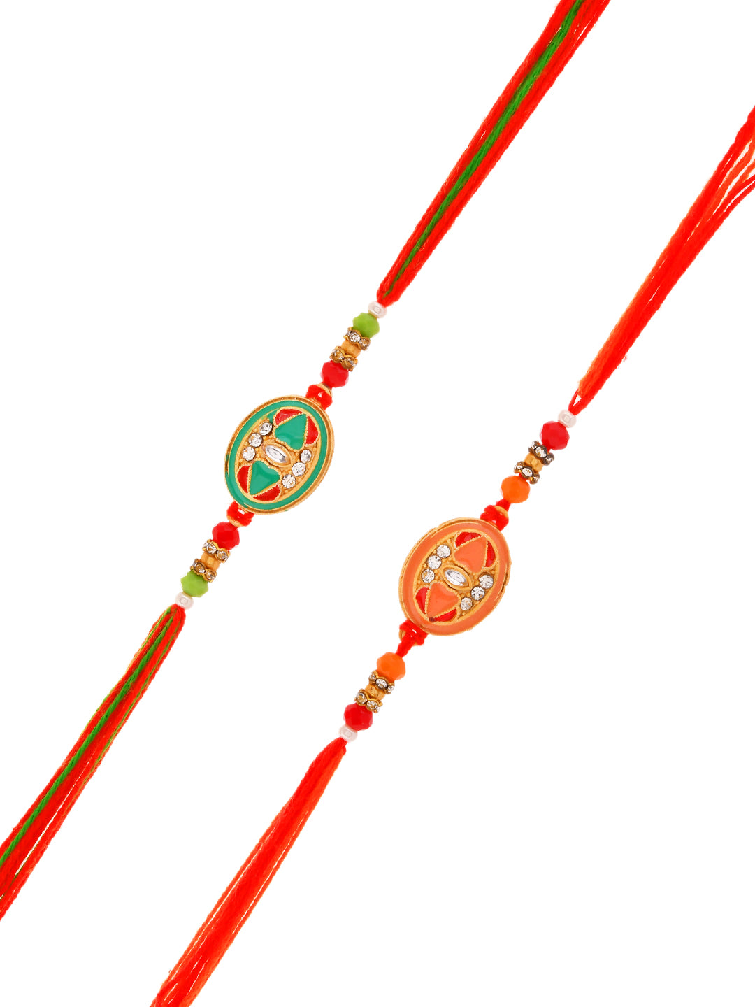 Graceful Rakhi Pair with Intricate Enamel and Threadwork