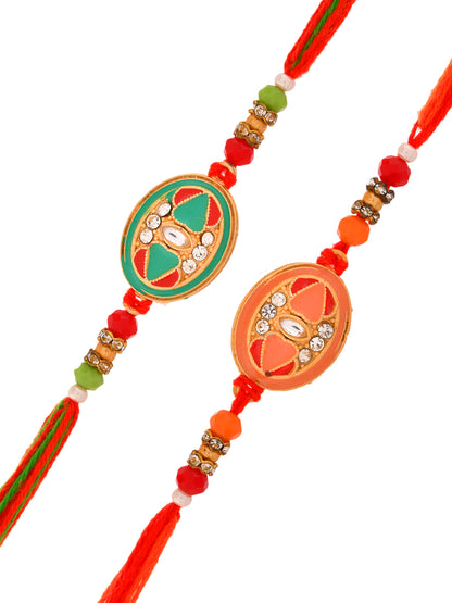 Graceful Rakhi Pair with Intricate Enamel and Threadwork