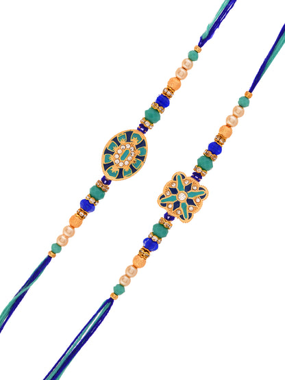 Set Of 2 Designer Stone studded Rakhis With Floral Motifs And Blue Beads