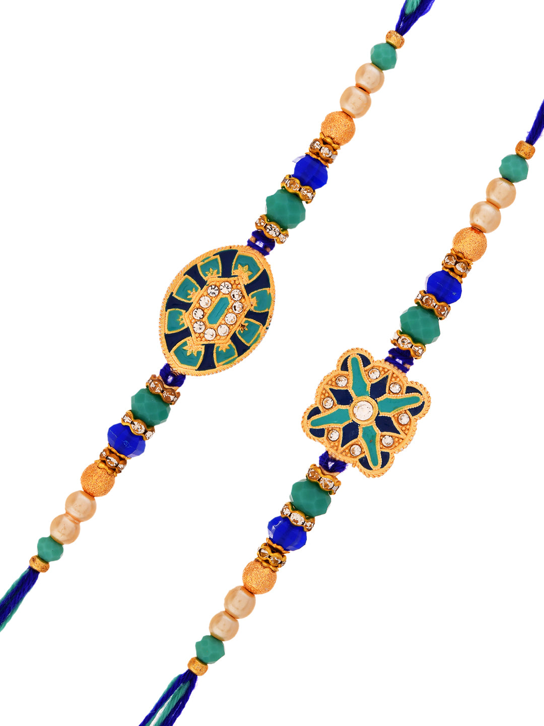 Set Of 2 Designer Stone studded Rakhis With Floral Motifs And Blue Beads