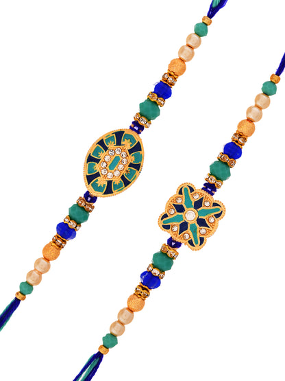 Set Of 2 Designer Stone studded Rakhis With Floral Motifs And Blue Beads