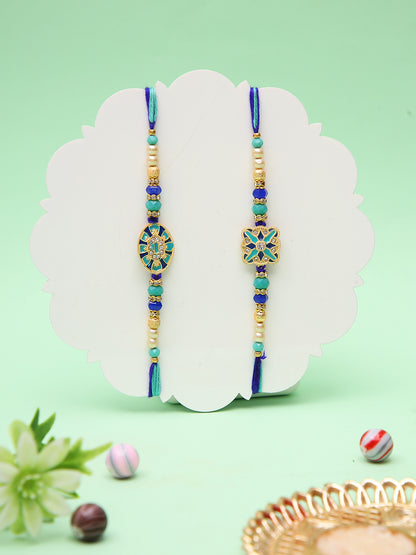 Set Of 2 Designer Stone studded Rakhis With Floral Motifs And Blue Beads
