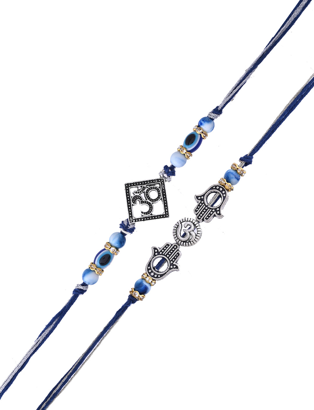 Set of two blue Rakhis, one with a Om symbol, and another with Hamsa hands,
