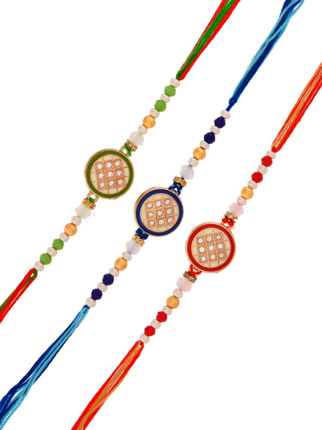 Trio of stone-studded Rakhis in green, red, and blue.