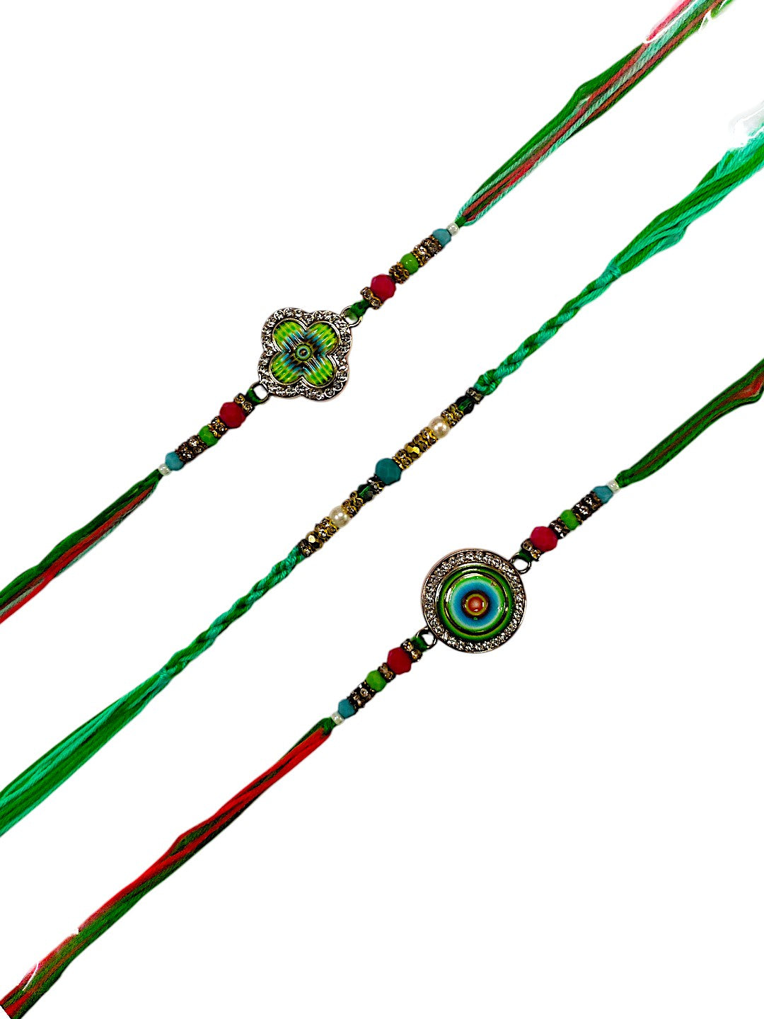 Set of 3 Designer Rakhi with Enamel Centerpieces & Crystal Accents