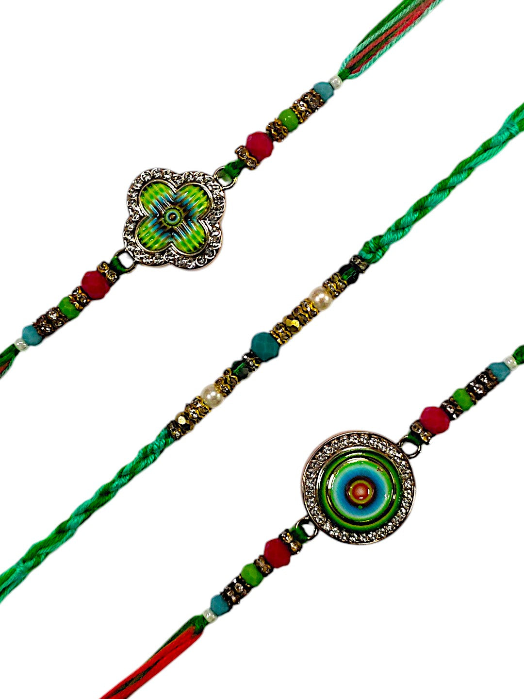 Set of 3 Designer Rakhi with Enamel Centerpieces & Crystal Accents
