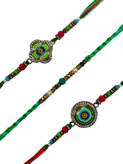 Set of 3 Designer Rakhi with Enamel Centerpieces & Crystal Accents