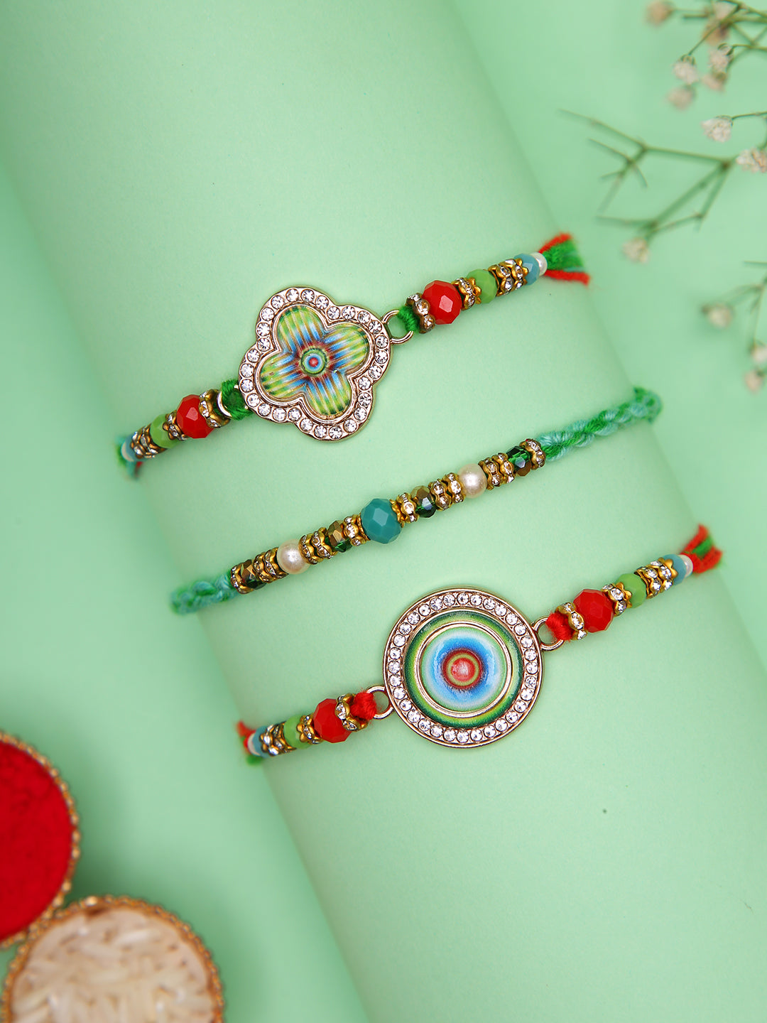 Set of 3 Designer Rakhi with Enamel Centerpieces & Crystal Accents