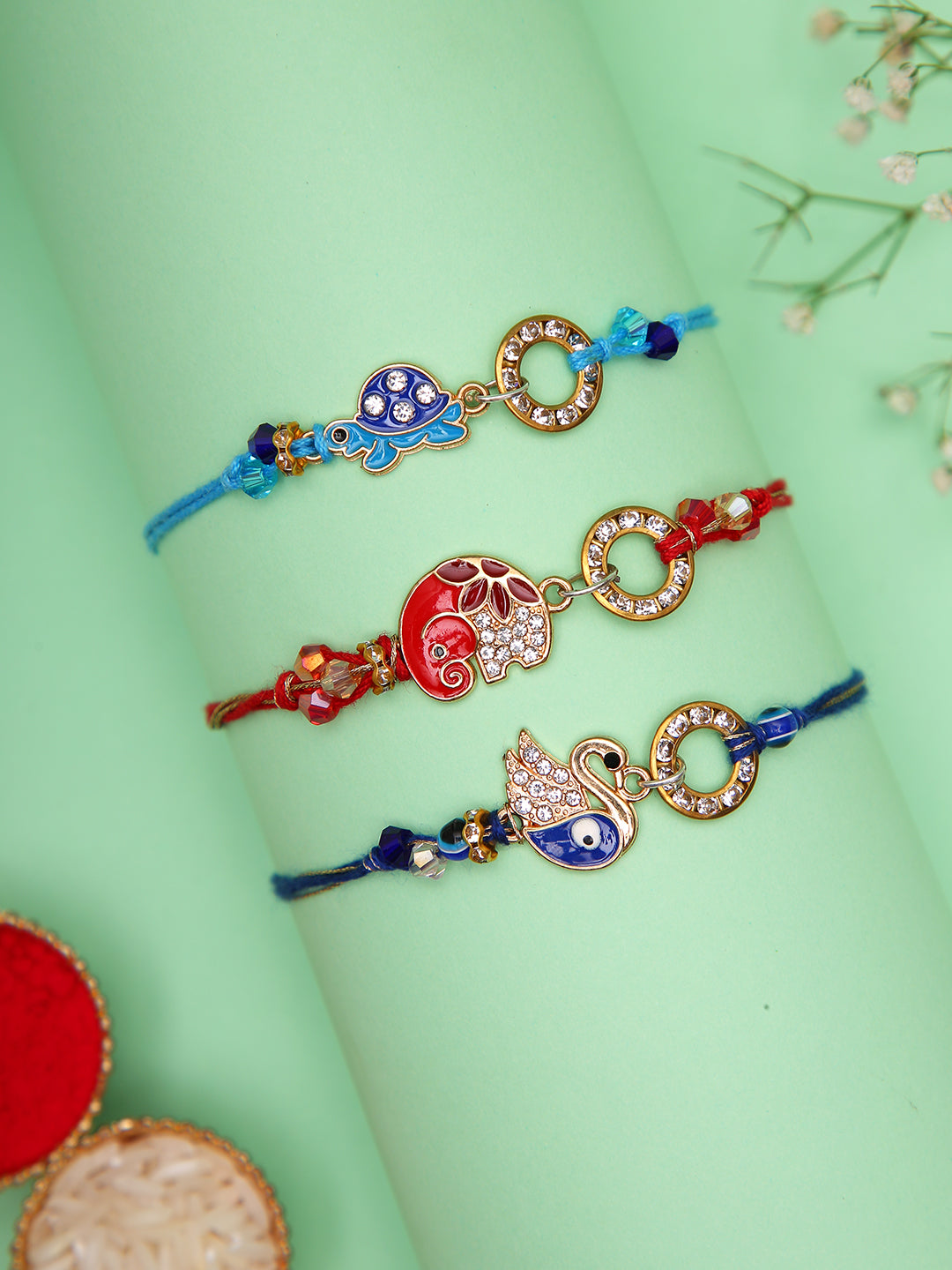 Set of 3  Designer Rakhis with Enamel and Crystals