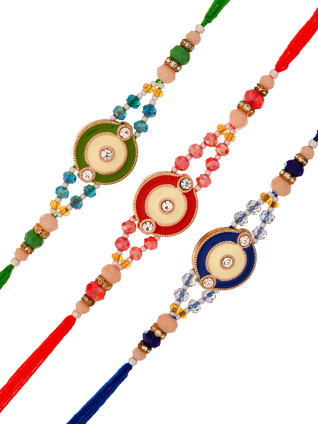 Handcrafted Rakhi Set Of 3 With Beaded  Thread And Elegant Enamelled Motifs in Festive Colours