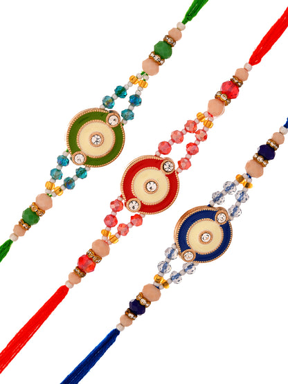 Handcrafted Rakhi Set Of 3 With Beaded  Thread And Elegant Enamelled Motifs in Festive Colours