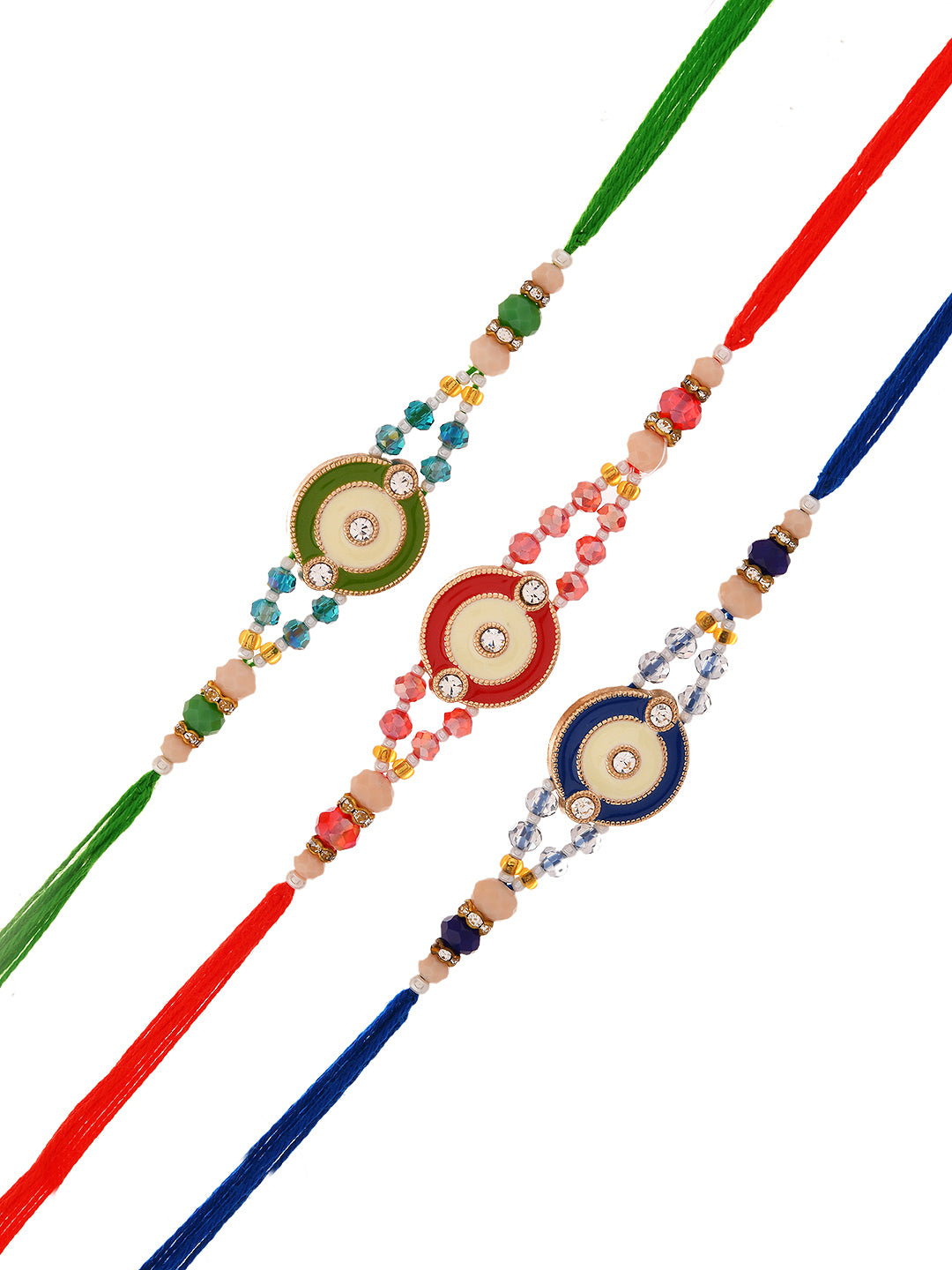 Handcrafted Rakhi Set Of 3 With Beaded  Thread And Elegant Enamelled Motifs in Festive Colours