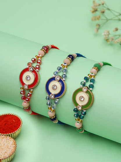 Handcrafted Rakhi Set Of 3 With Beaded  Thread And Elegant Enamelled Motifs in Festive Colours