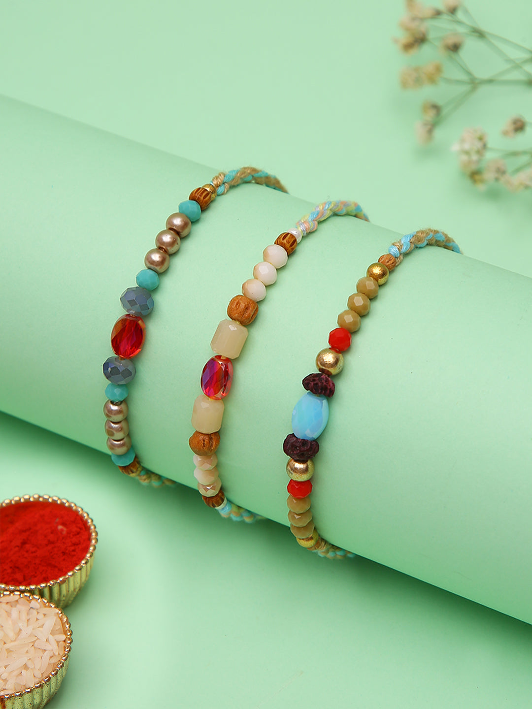 Rustic Ethnik Rakhi Set Of 3 With Earthy Tones And Handmade Beads