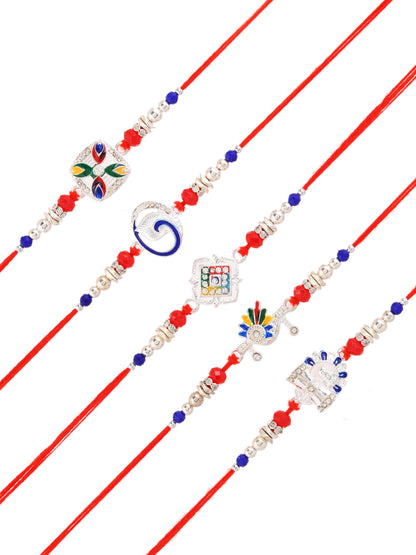 Traditional Rakhi Set Of 5 With Silver Plated Charms And Ethnic Motifs