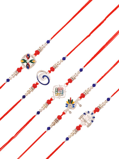 Traditional Rakhi Set Of 5 With Silver Plated Charms And Ethnic Motifs