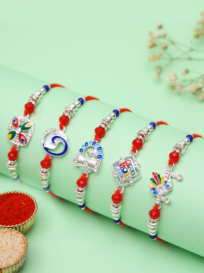 Traditional Rakhi Set Of 5 With Silver Plated Charms And Ethnic Motifs