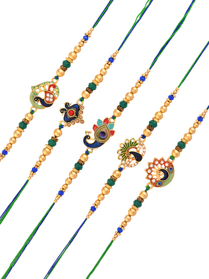 Set Of 5 Ethnic Rakhis With Kundan Meenakari Peacock Motifs And Regal Finish