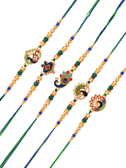 Set Of 5 Ethnic Rakhis With Kundan Meenakari Peacock Motifs And Regal Finish