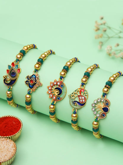 Set Of 5 Ethnic Rakhis With Kundan Meenakari Peacock Motifs And Regal Finish